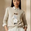 Beige Ralph Lauren Cable Bear Seidenpullover für Damen