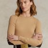 Beige Ralph Lauren Damen T-Shirts mit geripptem Wildlederbesatz und langen Ärmeln