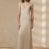 Beiges, kurzärmliges Abendkleid aus Netzstoff von Ralph Lauren für Damen