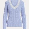 Blaue Cricket-Pullover mit Zopfmuster für Damen von Ralph Lauren