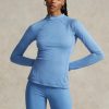 Blaue Damen Ralph Lauren Logo Jersey Langarm Mockneck T Shirts