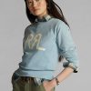 Blaue French Terry-Sweatshirts mit Rundhalsausschnitt und Ralph Lauren-Logo für Damen