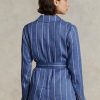 Blaue Ralph Lauren Blazer aus Leinen-Baumwolle mit Streifen und Gürtel für Damen