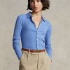 Blaue Ralph Lauren Cropped Ribbed Poloshirts mit Knopfleiste für Damen