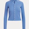 Blaue Ralph Lauren Cropped Ribbed Poloshirts mit Knopfleiste für Damen