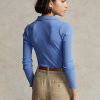Blaue Ralph Lauren Cropped Ribbed Poloshirts mit Knopfleiste für Damen