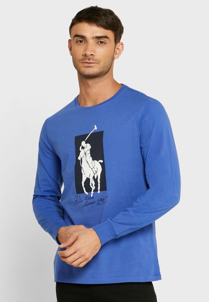 Blaue Ralph Lauren Graphic T-Shirts mit Rundhalsausschnitt für Herren