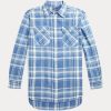 Blaue Ralph Lauren Karierte High-Low-Hemden aus Baumwolltwill für Damen