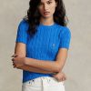 Blaue Ralph Lauren Kurzarmpullover aus Baumwolle mit Zopfmuster für Damen
