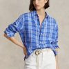 Blaue Ralph Lauren Relaxed Fit Karierte Leinenhemden für Damen