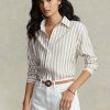 Braun / Weiß Damen Ralph Lauren Relaxed Fit Gestreifte Leinenhemden