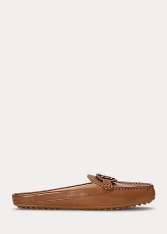 Braune Damen Ralph Lauren Brynn Flache Driver-Schuhe aus brüniertem Leder