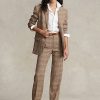 Braune, gerade geschnittene Hose aus Woll-Leinen-Tweed mit Karomuster von Ralph Lauren für Damen
