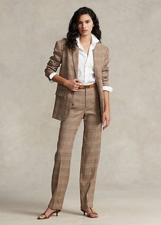 Braune, gerade geschnittene Hose aus Woll-Leinen-Tweed mit Karomuster von Ralph Lauren für Damen
