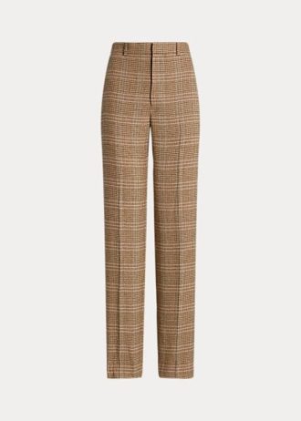 Braune, gerade geschnittene Hose aus Woll-Leinen-Tweed mit Karomuster von Ralph Lauren für Damen