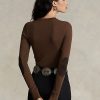 Braune Langarm-T-Shirts mit geripptem Wildlederbesatz von Ralph Lauren für Damen