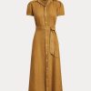 Braunes Ralph Lauren Leinen-Kurzkleid mit Gürtel für Damen