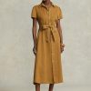 Braunes Ralph Lauren Leinenkleid mit Gürtel und kurzen Ärmeln für Damen