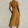 Braunes Ralph Lauren Leinenkleid mit Gürtel und kurzen Ärmeln für Damen