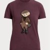 Burgunderrote Ralph Lauren Tweed Bear Baumwoll-T-Shirts für Damen