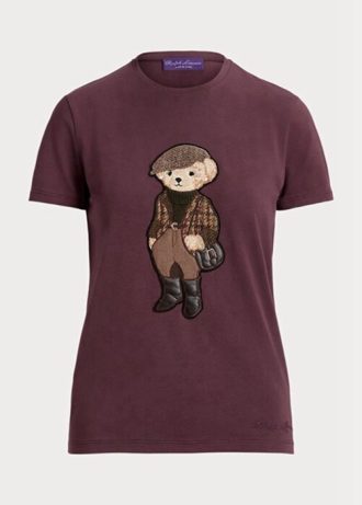Burgunderrote Ralph Lauren Tweed Bear Baumwoll-T-Shirts für Damen