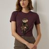 Burgunderrote T-Shirts aus Baumwolle mit Polo Bear-Print für Damen von Ralph Lauren
