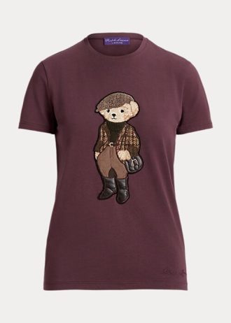 Burgunderrote T-Shirts aus Baumwolle mit Polo Bear-Print für Damen von Ralph Lauren