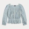 Creme / Blau Damen Ralph Lauren Gingham Voile Peplum Bluse Shirts