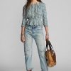 Creme / Blau Damen Ralph Lauren Gingham Voile Peplum Bluse Shirts