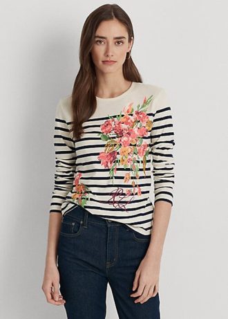 Creme / Marineblaue Langarm-T-Shirts aus Jersey mit Blumenmuster und Streifen von Ralph Lauren für Damen