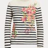 Creme / Marineblaue Langarm-T-Shirts aus Jersey mit Blumenmuster und Streifen von Ralph Lauren für Damen