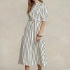 Creme/Schwarzes Ralph Lauren Kleid aus gestreifter Maulbeerseide für Damen