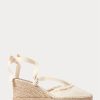 Cremefarbene flache Keilschuhe aus Canvas mit Fransenbesatz für Damen von Ralph Lauren