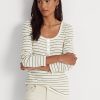 Cremefarbene Henley-Oberteile aus gestreifter Baumwollmischung von Ralph Lauren für Damen