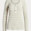 Cremefarbene Henley-Oberteile aus gestreifter Baumwollmischung von Ralph Lauren für Damen