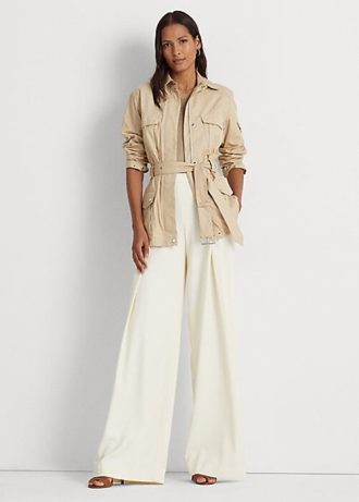 Cremefarbene, plissierte Crêpe-Hose mit weitem Bein von Ralph Lauren für Damen