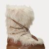 Cremefarbene Ralph Lauren Celia Shearling- und brünierte Lederstiefel für Damen