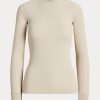 Cremefarbene Ralph Lauren Langarm-T-Shirts mit geripptem Wildlederbesatz für Damen