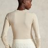 Cremefarbene Ralph Lauren Langarm-T-Shirts mit geripptem Wildlederbesatz für Damen