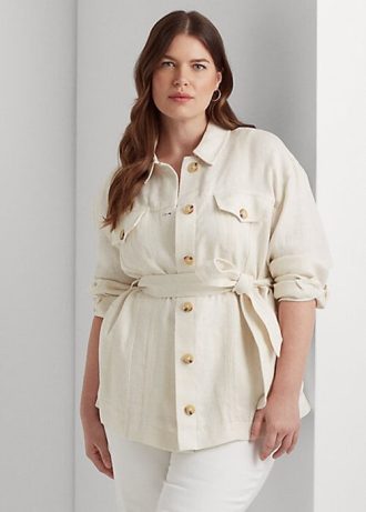 Cremefarbene Ralph Lauren Leinenjacken mit Gürtel und Fischgrätenmuster für Damen