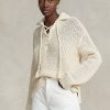 Cremefarbene Ralph Lauren Pullover aus Baumwolle und Wolle mit Kreuzstich-Schnürung für Damen