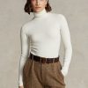 Cremefarbene Ralph Lauren Stretch Ribbed Turtleneck T-Shirts für Damen