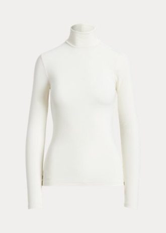 Cremefarbene Ralph Lauren Stretch Ribbed Turtleneck T-Shirts für Damen