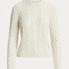 Cremefarbene Ralph Lauren-Strickpullover aus Seide mit Rundhalsausschnitt und Zopfmuster für Damen