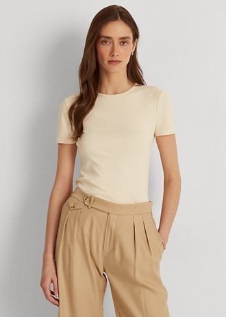 Cremefarbene Ralph Lauren T-Shirts aus Stretch-Baumwolle für Damen