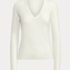 Cremefarbene Ralph Lauren Wollpullover mit langen Ärmeln und V-Ausschnitt für Damen