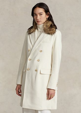 Cremefarbene Ralph Lauren Zweireihermäntel mit Kunstpelzkragen für Damen