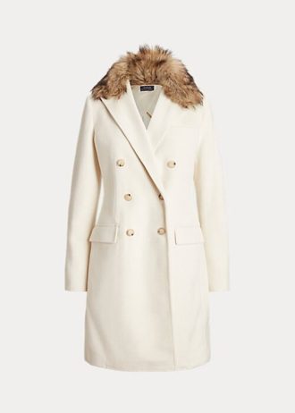 Cremefarbene Ralph Lauren Zweireihermäntel mit Kunstpelzkragen für Damen