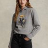 Dunkelgraue Ralph Lauren Polo Bear Fleece-Sweatshirts mit Rundhalsausschnitt für Damen