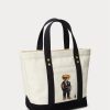 Ecru/Schwarze Ralph Lauren Canvas-Tragetaschen mit kleinem Polo Bear für Damen